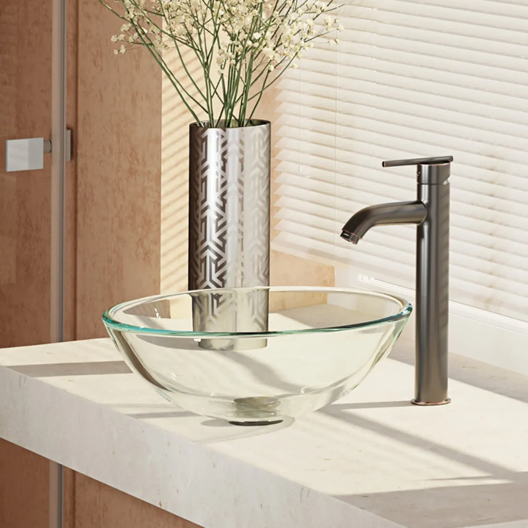 Rene 17" Round Glass Bathroom Sink, Crystal, with Faucet, R5-5001-CRY-R9-7001-ABR