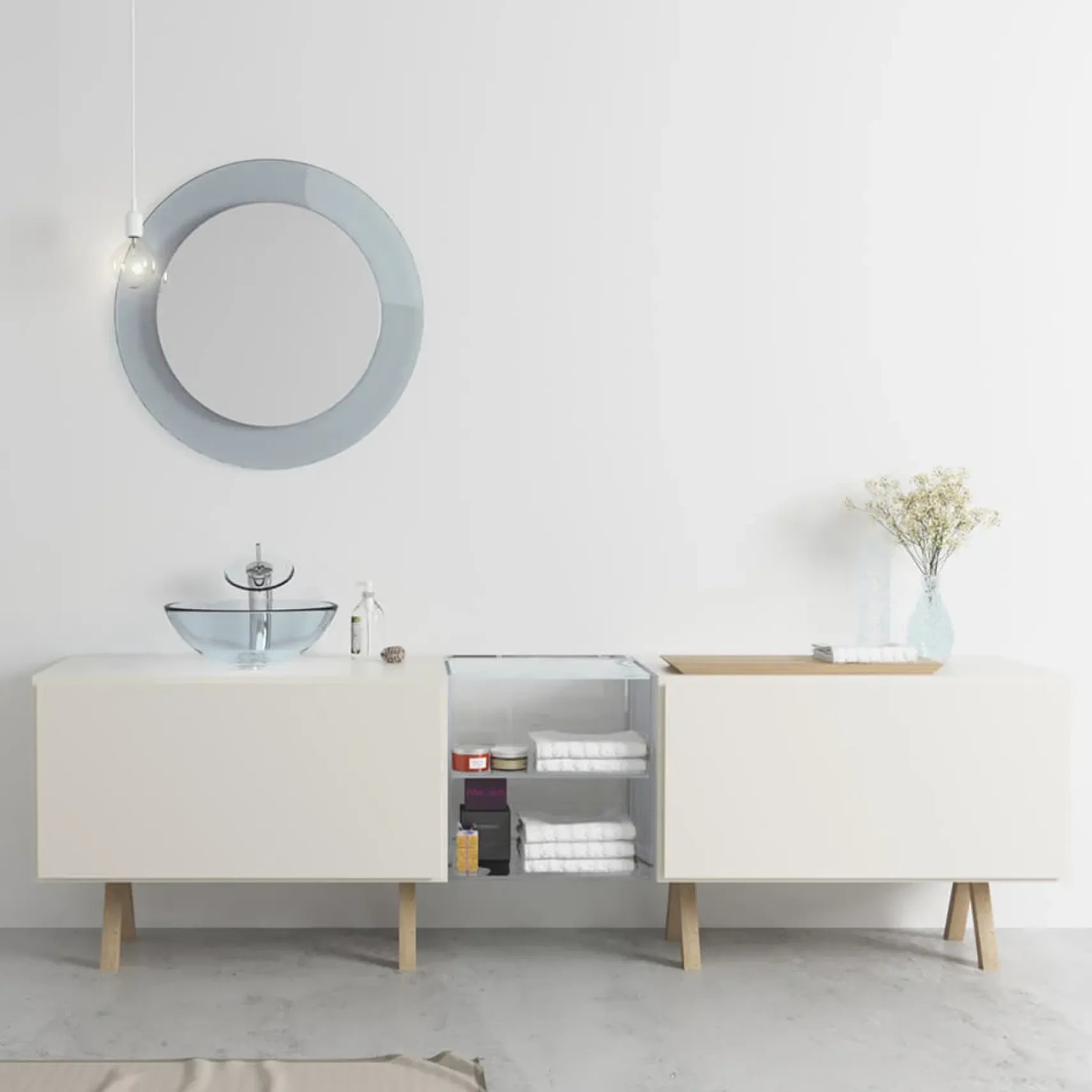 Rene 17" Round Glass Bathroom Sink, Crystal, with Faucet, R5-5001-CRY-R9-7001-ABR