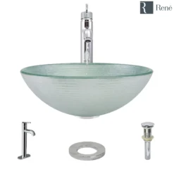 Rene 17" Round Glass Bathroom Sink, Sparkling Silver, with Faucet, R5-5034-R9-7001-C