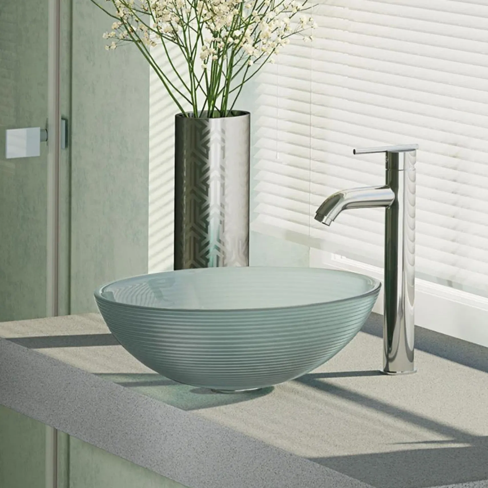 Rene 17" Round Glass Bathroom Sink, Sparkling Silver, with Faucet, R5-5034-R9-7001-C