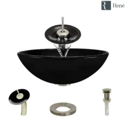 Rene 17" Round Glass Bathroom Sink, Noir, with Faucet, R5-5001-NOR-WF-BN