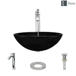 Rene 17" Round Glass Bathroom Sink, Noir, with Faucet, R5-5001-NOR-R9-7006-C