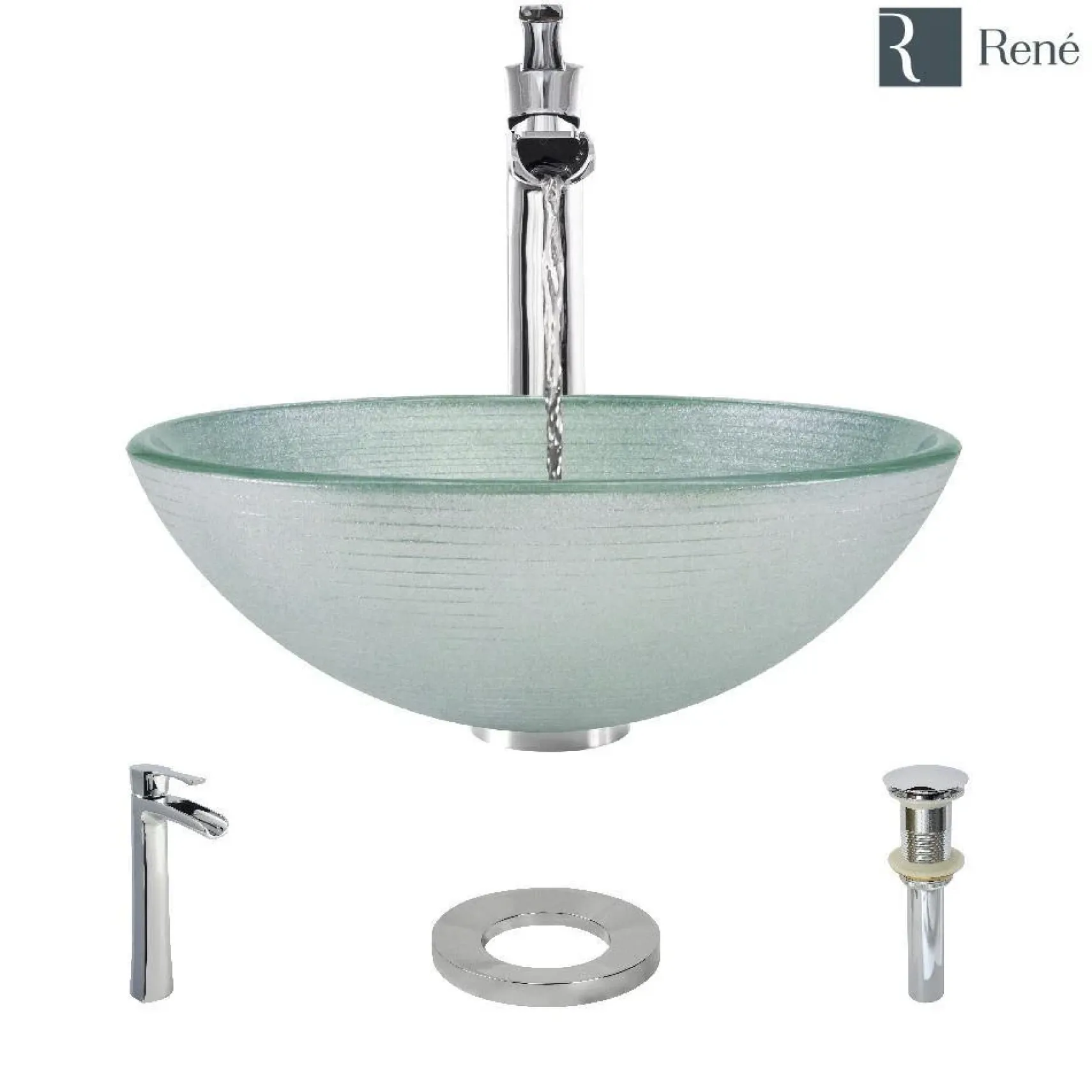 Rene 17" Round Glass Bathroom Sink, Sparkling Silver, with Faucet, R5-5034-R9-7007-C