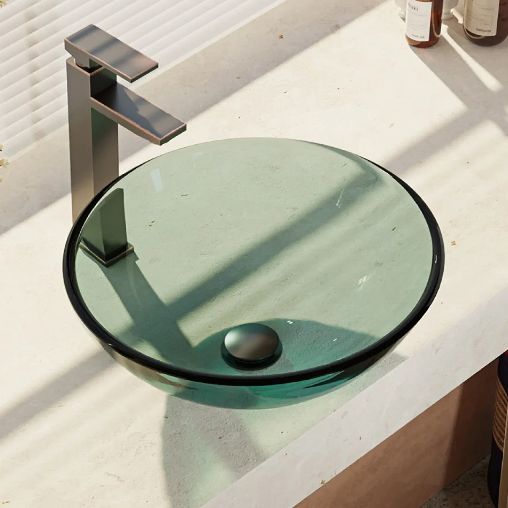 Rene 17" Round Glass Bathroom Sink, Ivy, with Faucet, R5-5001-IVY-R9-7003-ABR