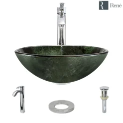 Rene 17" Round Glass Bathroom Sink, Forest Green, with Faucet, R5-5027-R9-7006-C