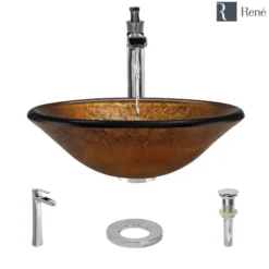 Rene 18" Round Glass Bathroom Sink, Orange Gold Foil, with Faucet, R5-5013-R9-7007-C