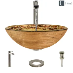 Rene 17" Round Glass Bathroom Sink, Golden and auburn, with Faucet, R5-5029-R9-7007-BN