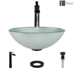 Rene 17" Round Glass Bathroom Sink, Sparkling Silver, with Faucet, R5-5034-R9-7007-ABR