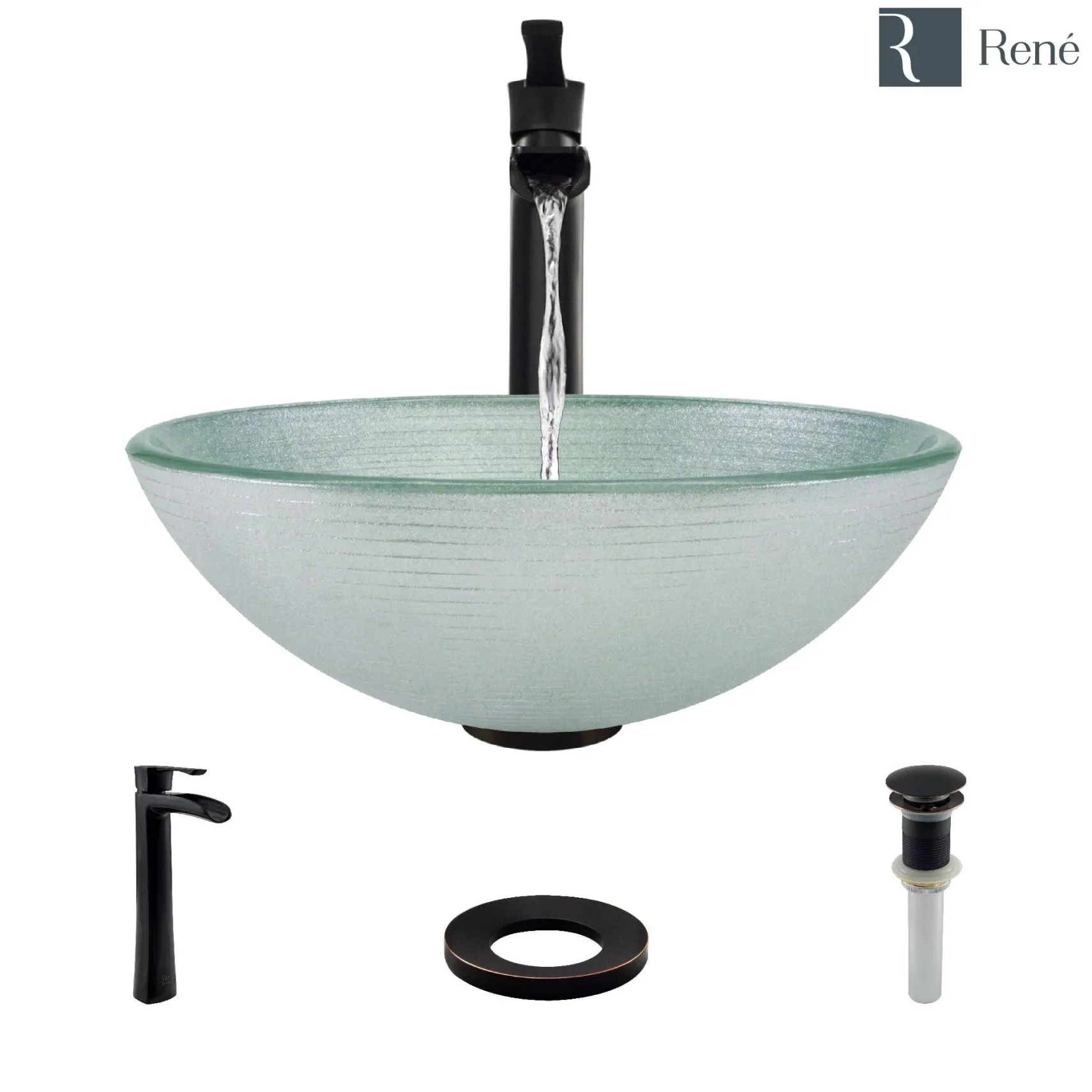 Rene 17" Round Glass Bathroom Sink, Sparkling Silver, with Faucet, R5-5034-R9-7007-ABR