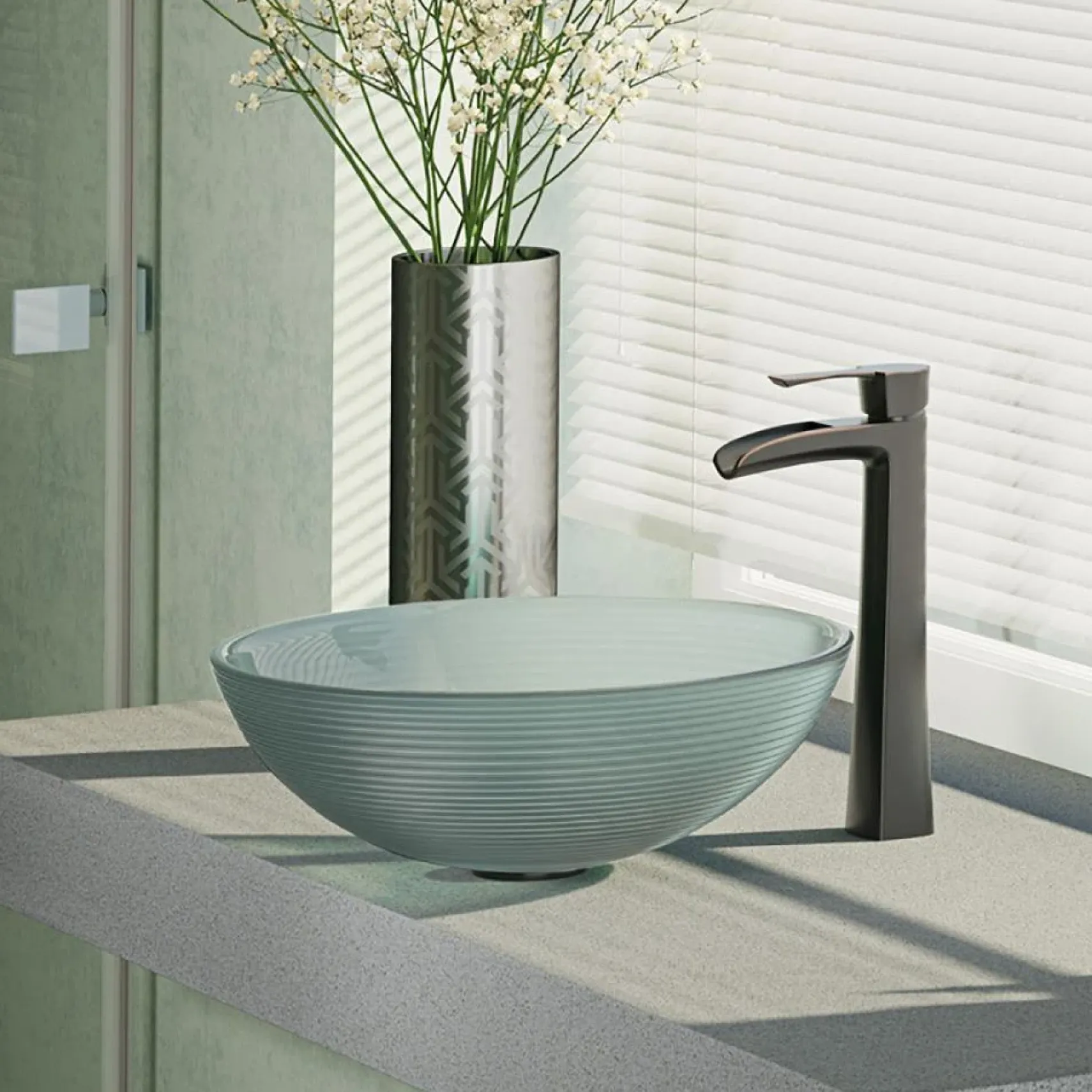 Rene 17" Round Glass Bathroom Sink, Sparkling Silver, with Faucet, R5-5034-R9-7007-ABR
