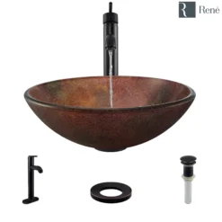 Rene 17" Round Glass Bathroom Sink, Multi-Color, with Faucet, R5-5014-R9-7001-ABR