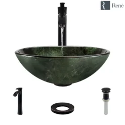 Rene 17" Round Glass Bathroom Sink, Forest Green, with Faucet, R5-5027-R9-7006-ABR