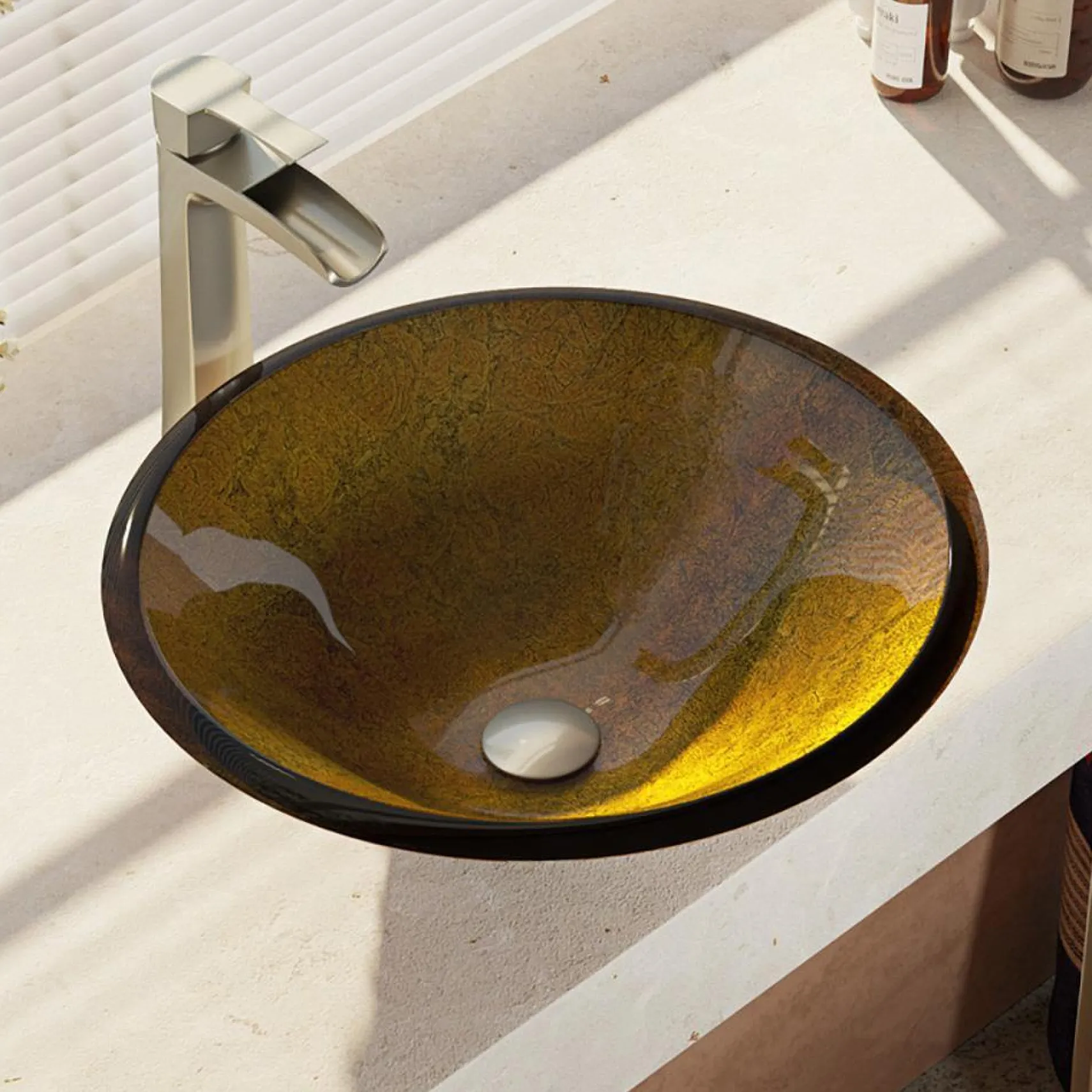 Rene 18" Round Glass Bathroom Sink, Orange Gold Foil, with Faucet, R5-5013-R9-7007-BN