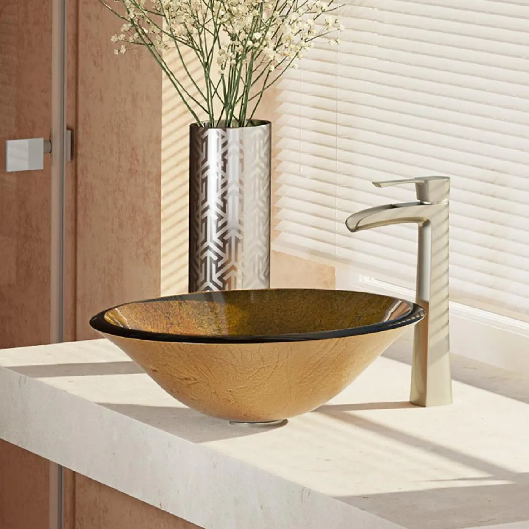 Rene 18" Round Glass Bathroom Sink, Orange Gold Foil, with Faucet, R5-5013-R9-7007-BN