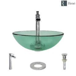Rene 17" Round Glass Bathroom Sink, Ivy, with Faucet, R5-5001-IVY-R9-7007-C
