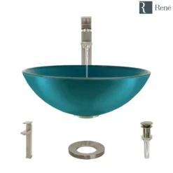 Rene 17" Round Glass Bathroom Sink, Cerulean, with Faucet, R5-5001-CER-R9-7003-BN