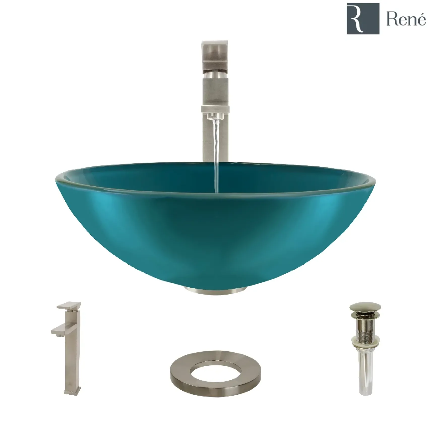 Rene 17" Round Glass Bathroom Sink, Cerulean, with Faucet, R5-5001-CER-R9-7003-BN