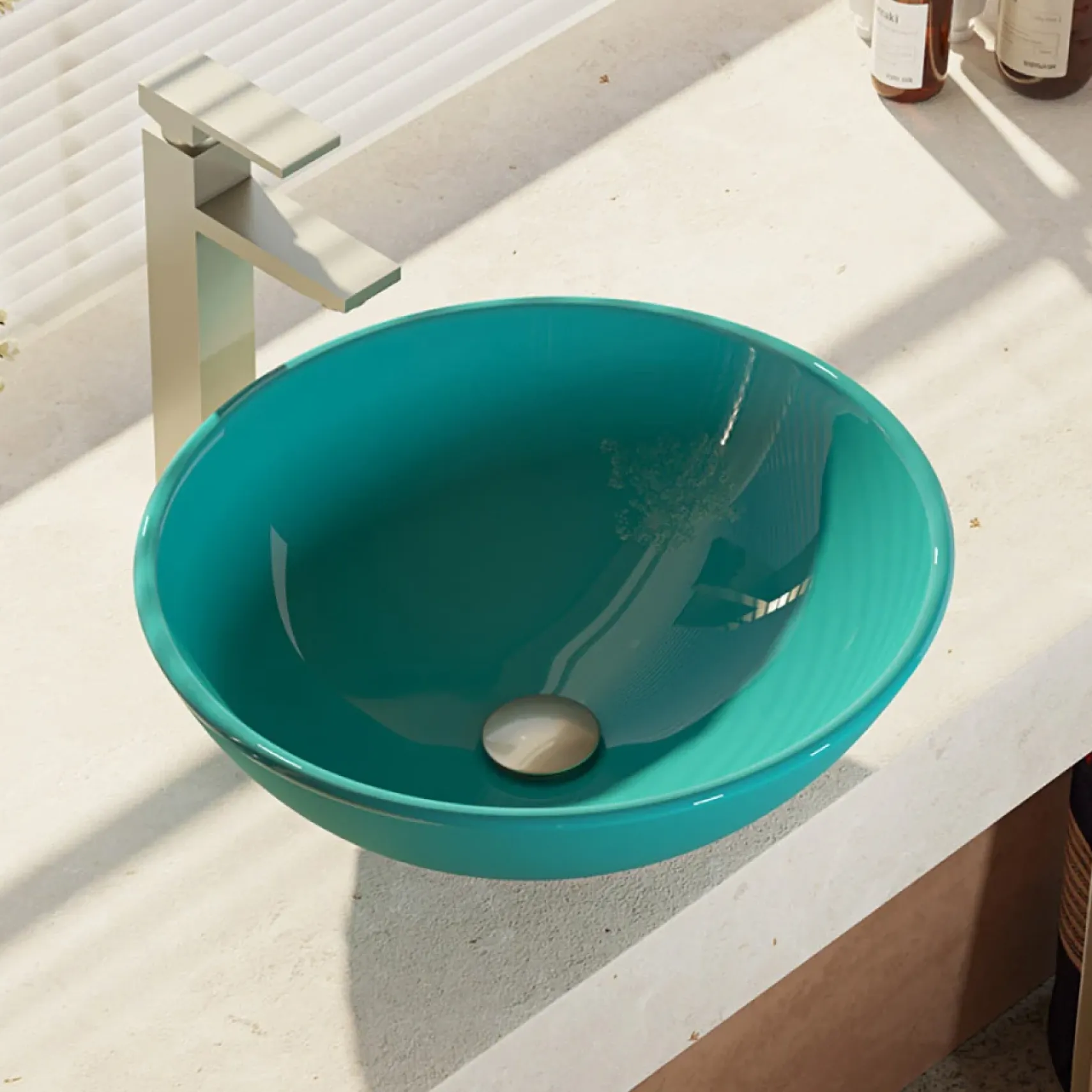 Rene 17" Round Glass Bathroom Sink, Cerulean, with Faucet, R5-5001-CER-R9-7003-BN