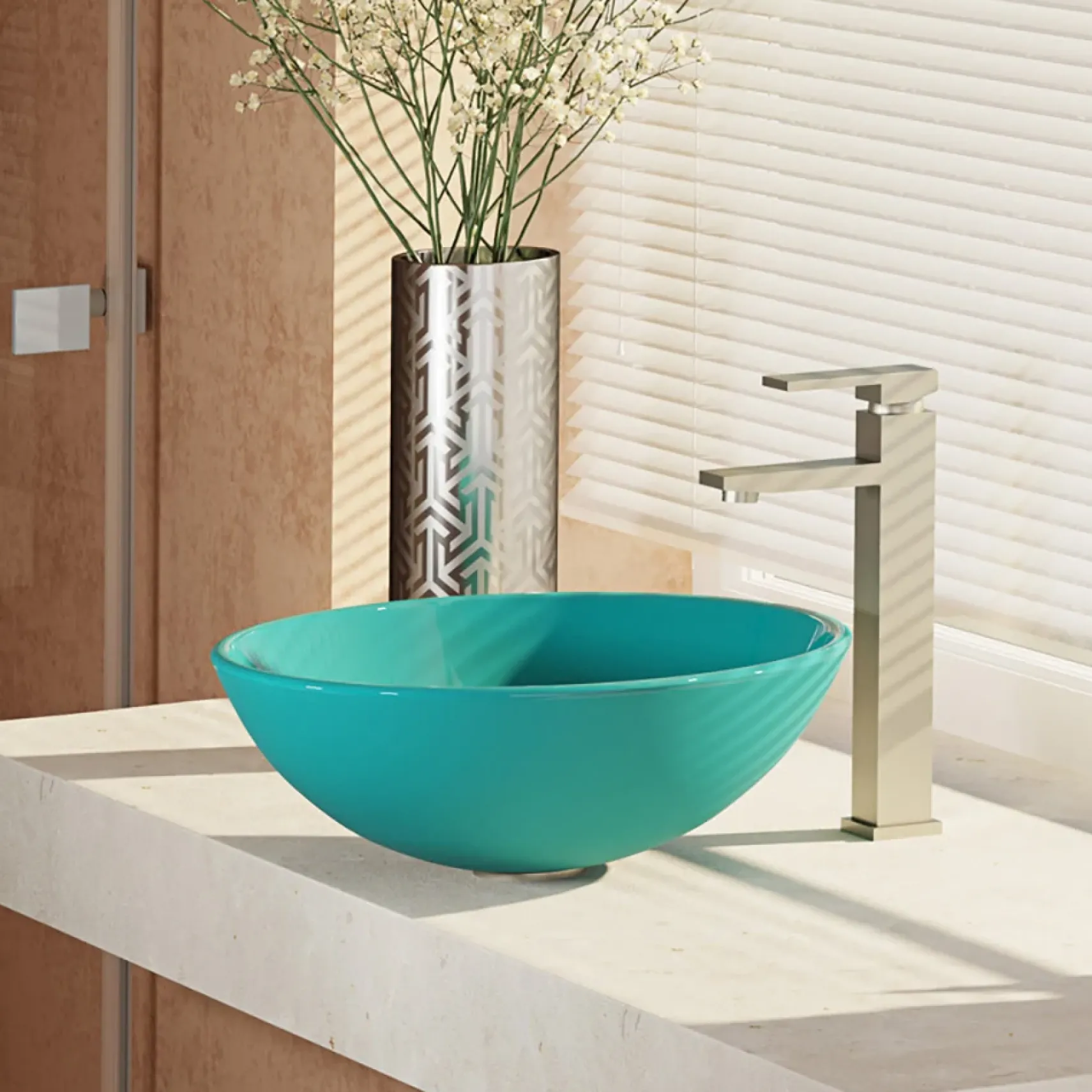 Rene 17" Round Glass Bathroom Sink, Cerulean, with Faucet, R5-5001-CER-R9-7003-BN