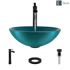 Rene 17" Round Glass Bathroom Sink, Cerulean, with Faucet, R5-5001-CER-R9-7007-ABR