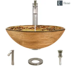Rene 17" Round Glass Bathroom Sink, Golden and auburn, with Faucet, R5-5029-R9-7006-BN