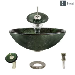 Rene 17" Round Glass Bathroom Sink, Forest Green, with Faucet, R5-5027-WF-BN