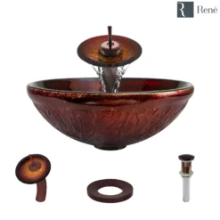 Rene 17" Round Glass Bathroom Sink, Fiery Red, with Faucet, R5-5018-WF-ORB