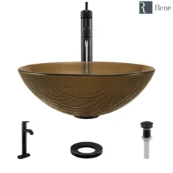 Rene 17" Round Glass Bathroom Sink, Beach Sand, with Faucet, R5-5025-R9-7001-ABR