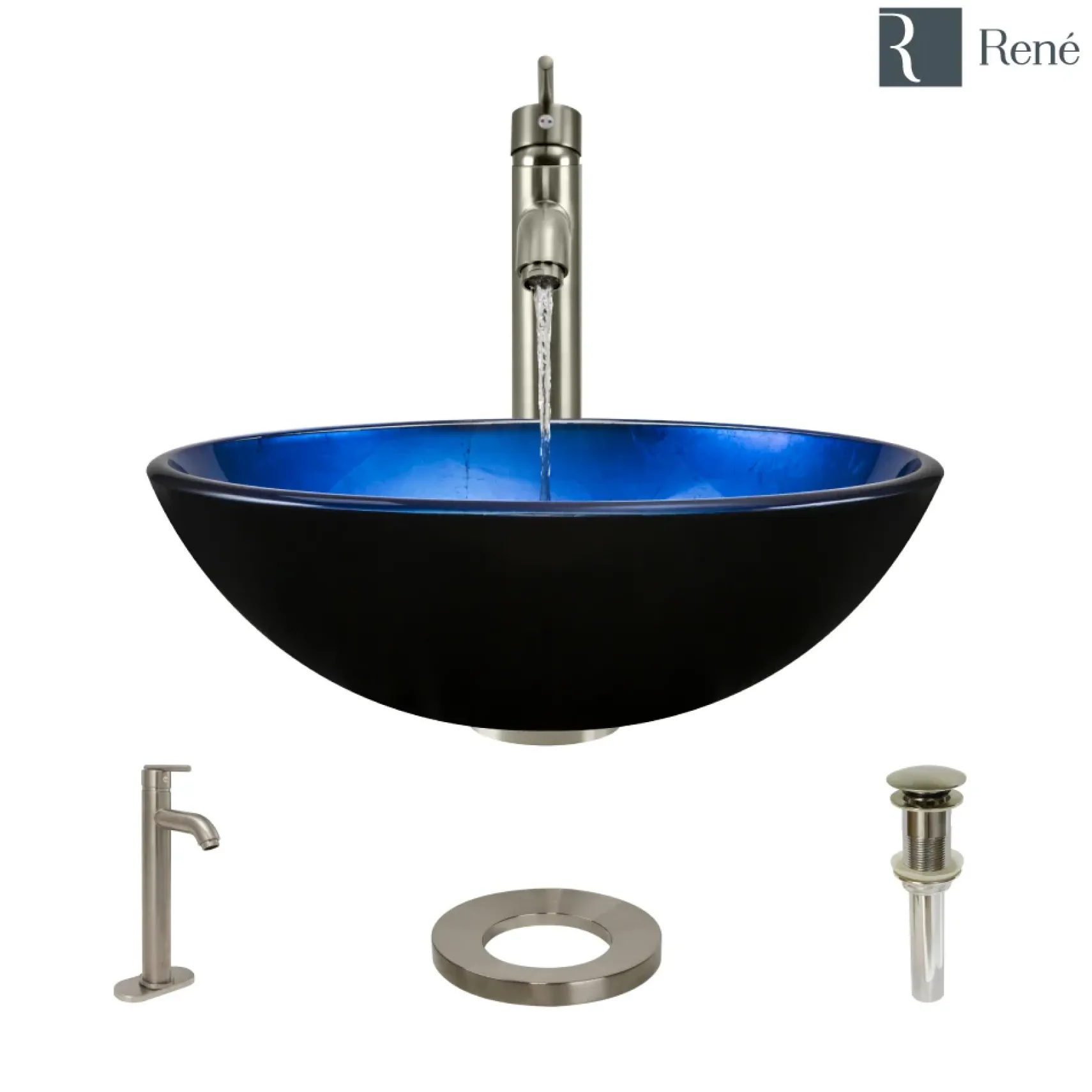 Rene 17" Round Glass Bathroom Sink, Gradient Blue, with Faucet, R5-5008-R9-7001-BN