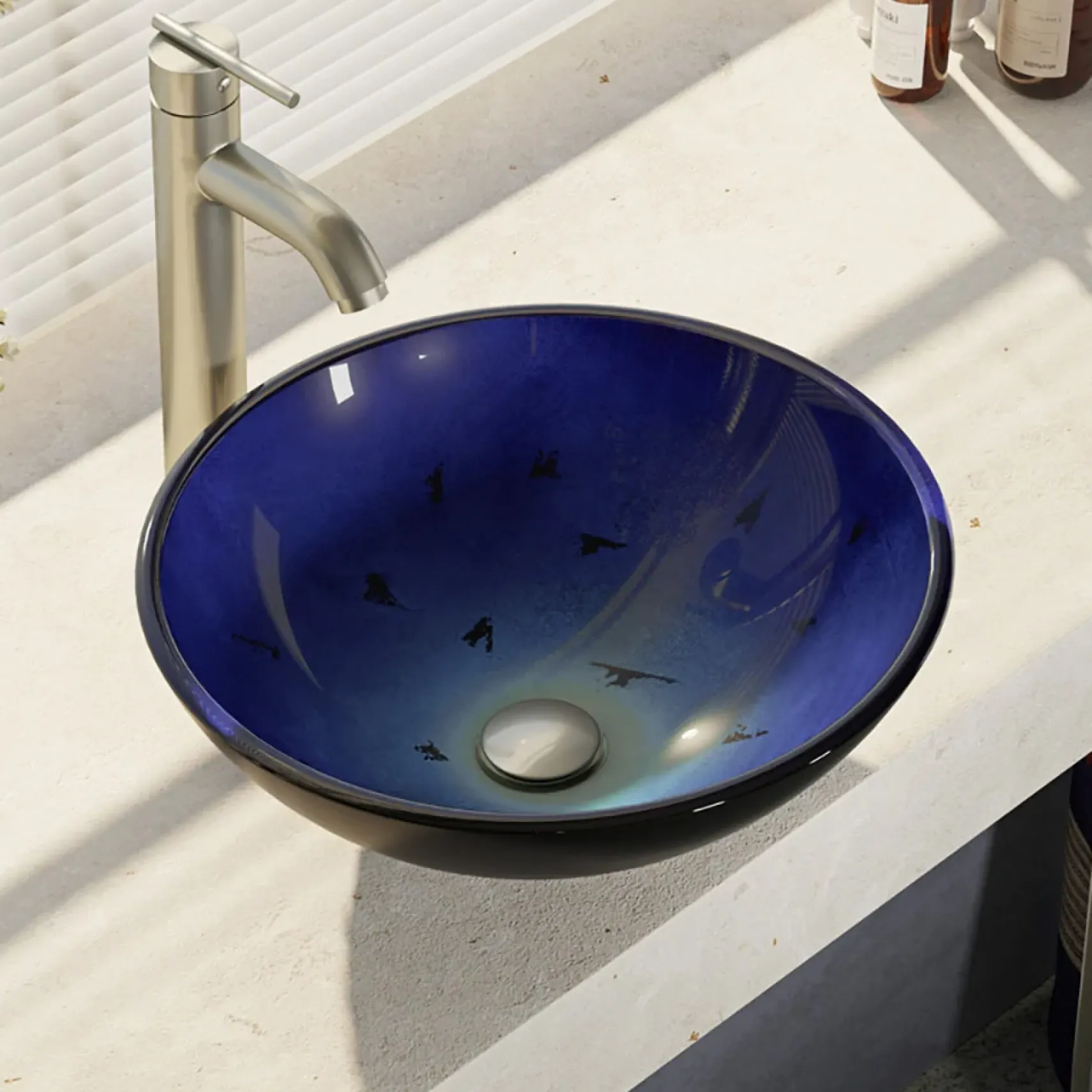 Rene 17" Round Glass Bathroom Sink, Gradient Blue, with Faucet, R5-5008-R9-7001-BN
