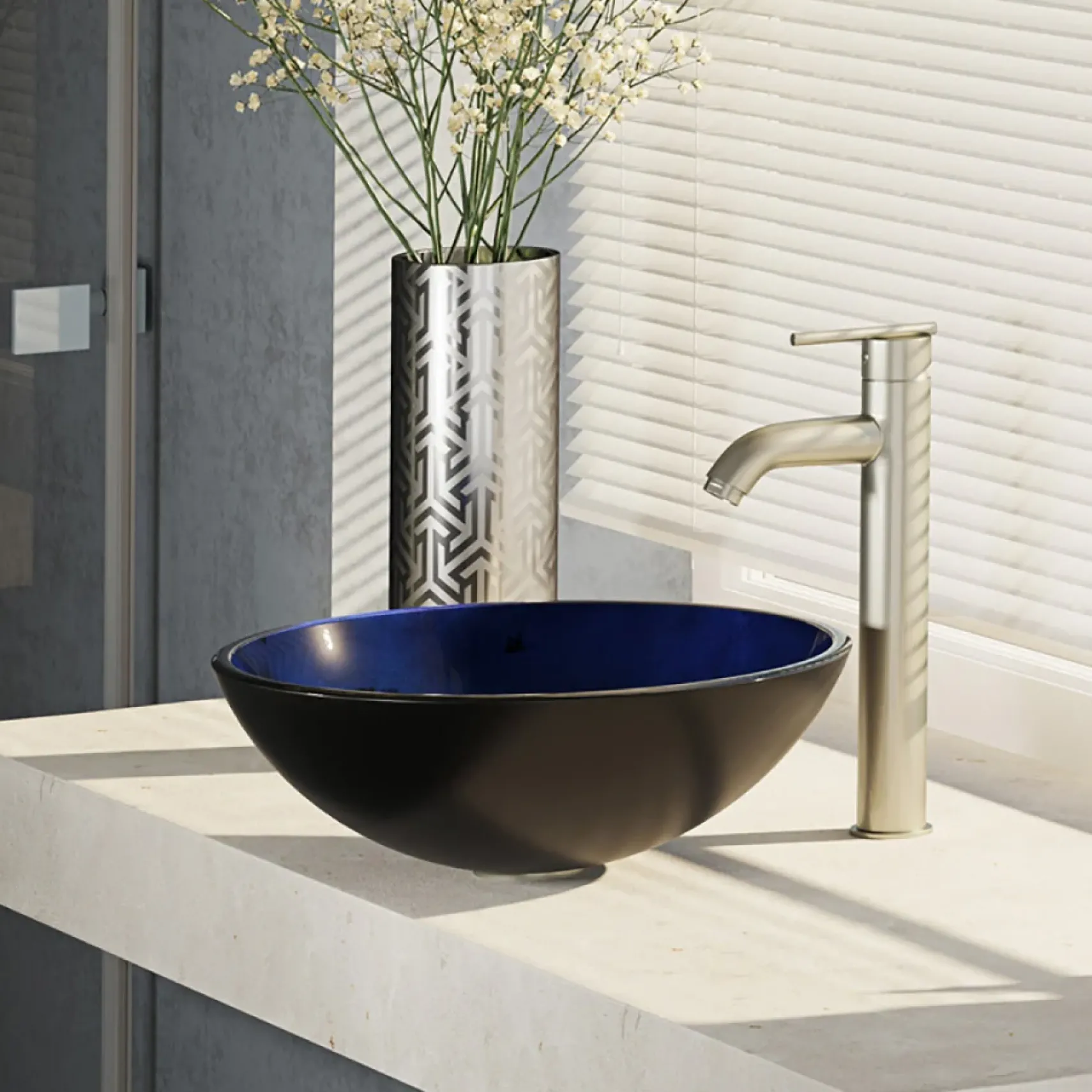 Rene 17" Round Glass Bathroom Sink, Gradient Blue, with Faucet, R5-5008-R9-7001-BN