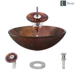 Rene 17" Round Glass Bathroom Sink, Multi-Color, with Faucet, R5-5014-WF-C