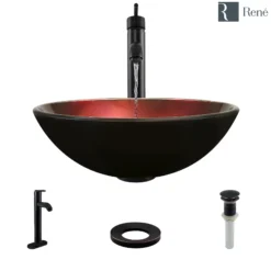 Rene 17" Round Glass Bathroom Sink, Gradient Red, with Faucet, R5-5007-R9-7001-ABR
