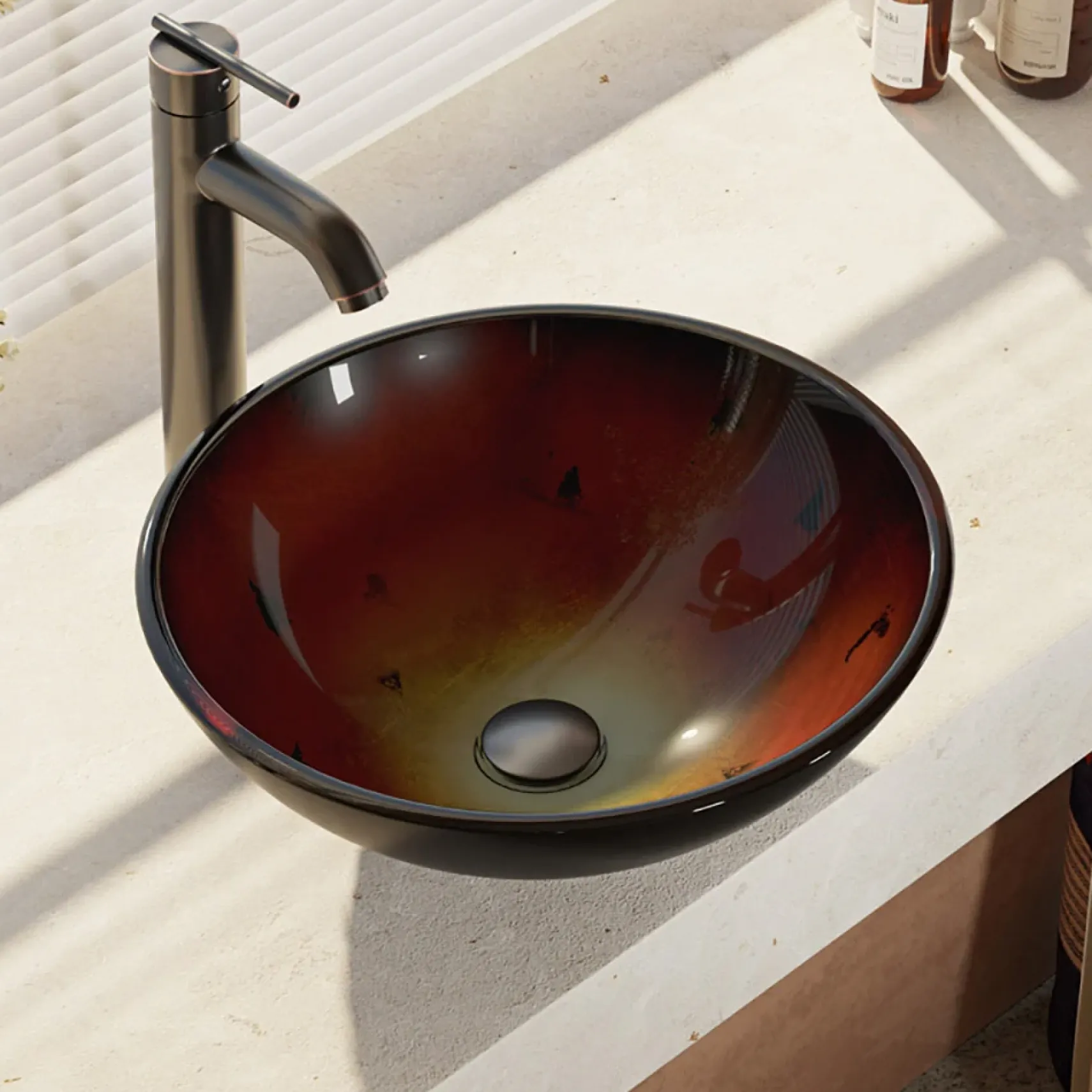 Rene 17" Round Glass Bathroom Sink, Gradient Red, with Faucet, R5-5007-R9-7001-ABR