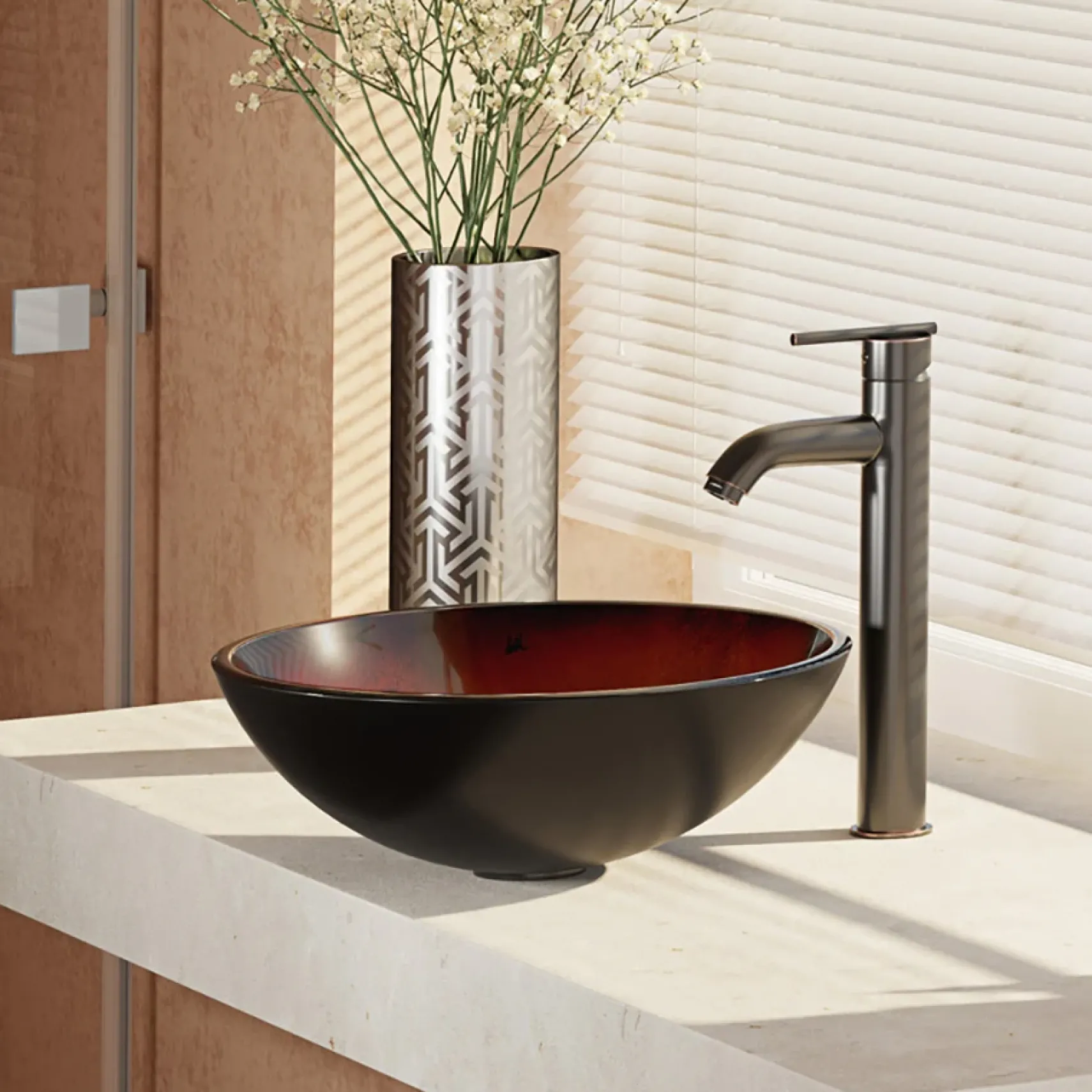 Rene 17" Round Glass Bathroom Sink, Gradient Red, with Faucet, R5-5007-R9-7001-ABR