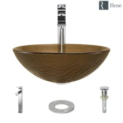 Rene 17" Round Glass Bathroom Sink, Beach Sand, with Faucet, R5-5025-R9-7003-C