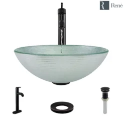 Rene 17" Round Glass Bathroom Sink, Sparkling Silver, with Faucet, R5-5034-R9-7001-ABR