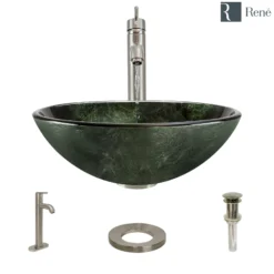 Rene 17" Round Glass Bathroom Sink, Forest Green, with Faucet, R5-5027-R9-7001-BN