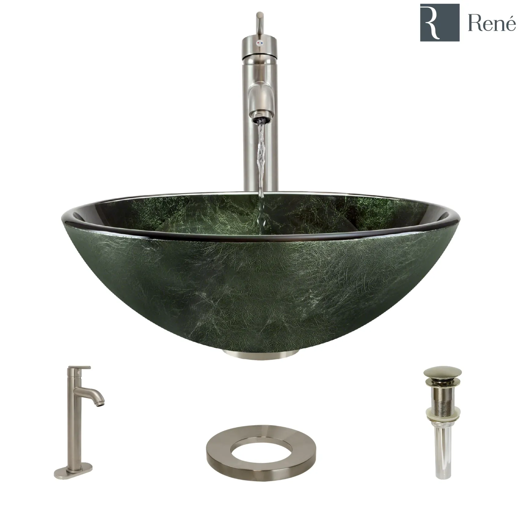 Rene 17" Round Glass Bathroom Sink, Forest Green, with Faucet, R5-5027-R9-7001-BN