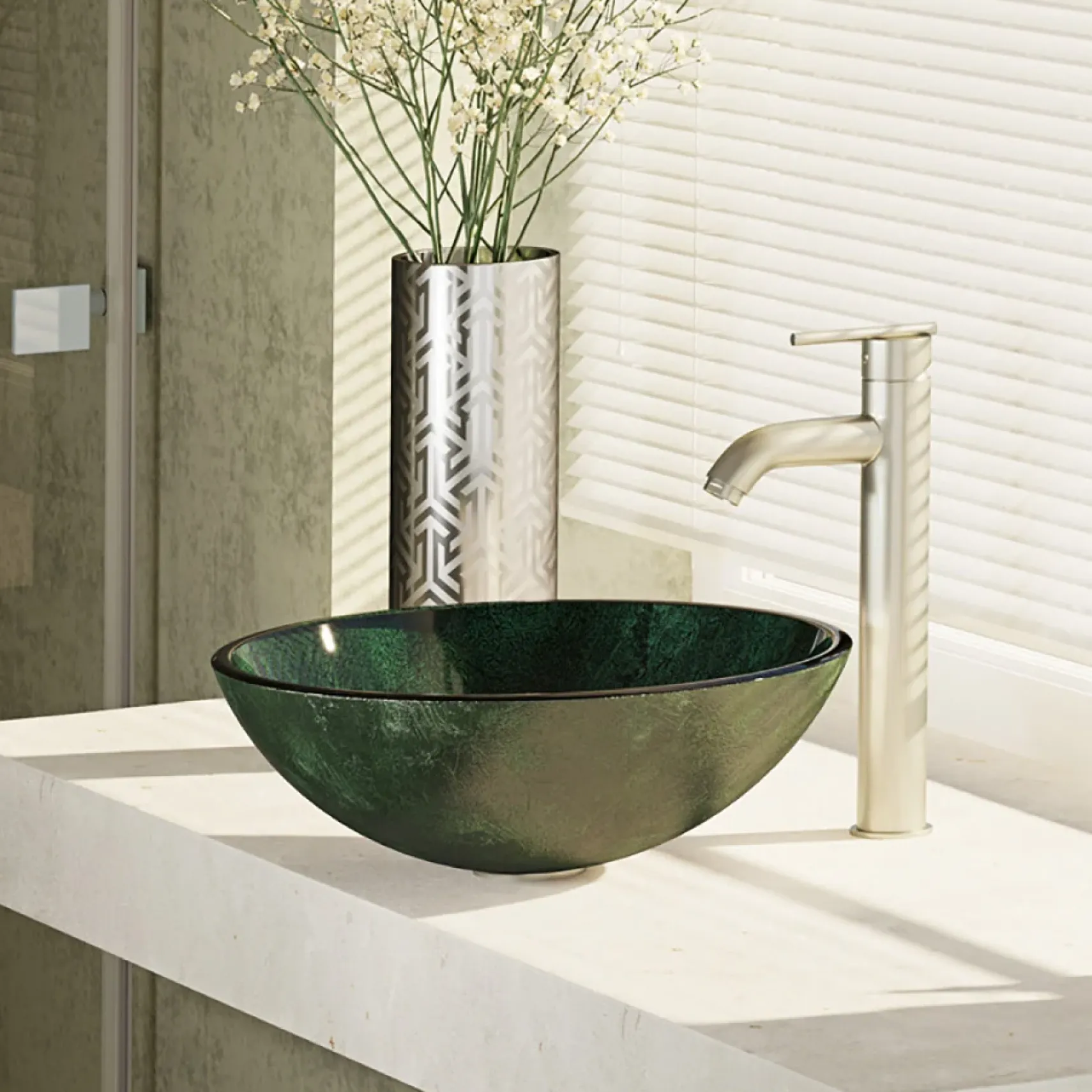 Rene 17" Round Glass Bathroom Sink, Forest Green, with Faucet, R5-5027-R9-7001-BN