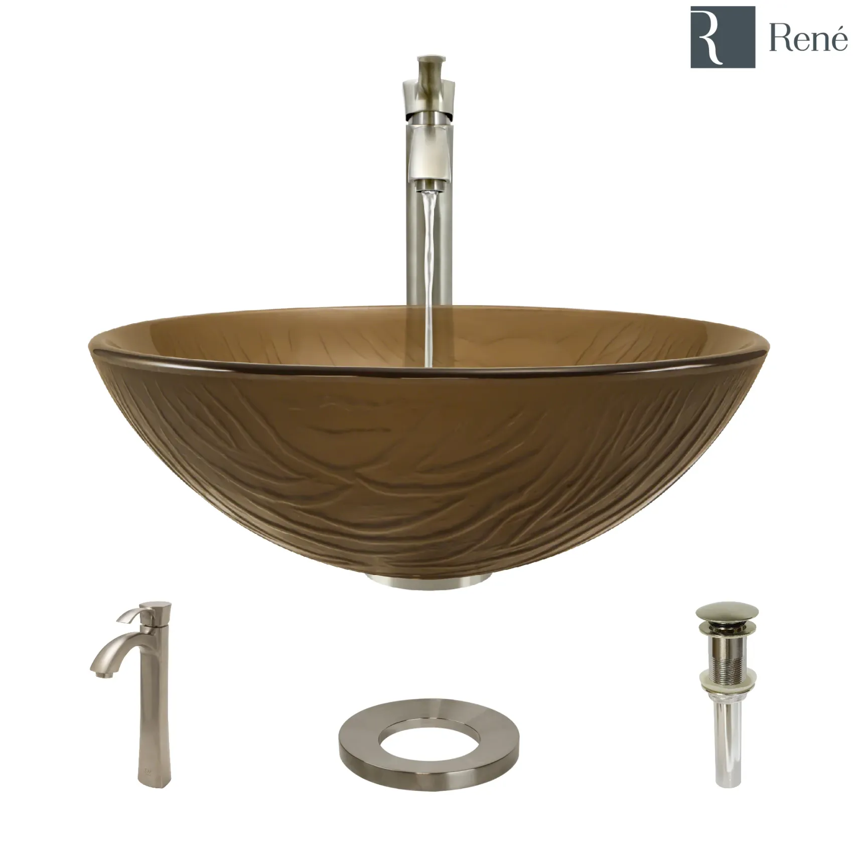 Rene 17" Round Glass Bathroom Sink, Beach Sand, with Faucet, R5-5025-R9-7006-BN
