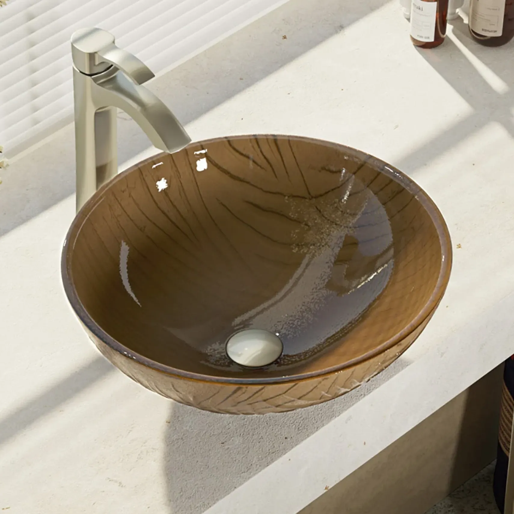 Rene 17" Round Glass Bathroom Sink, Beach Sand, with Faucet, R5-5025-R9-7006-BN