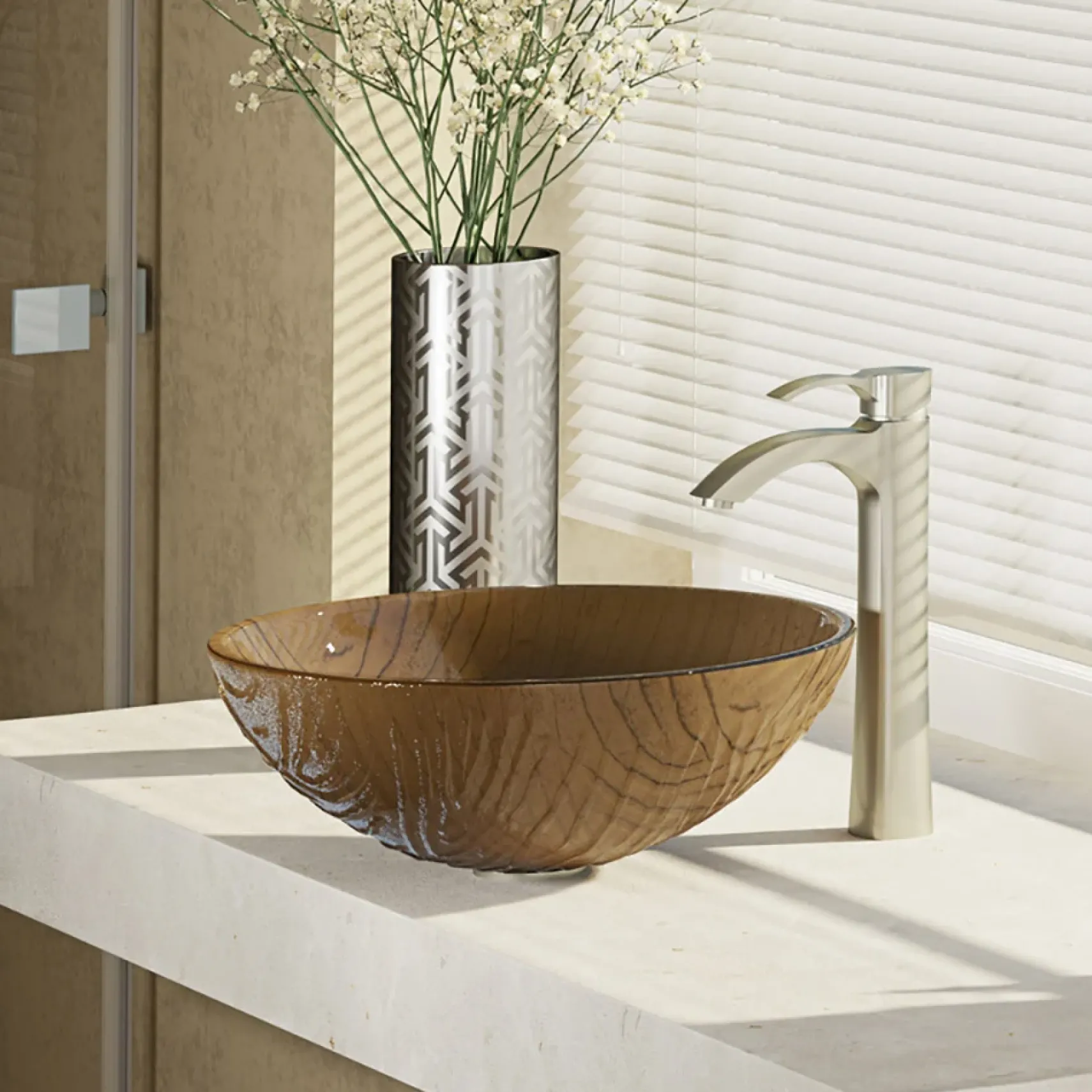 Rene 17" Round Glass Bathroom Sink, Beach Sand, with Faucet, R5-5025-R9-7006-BN