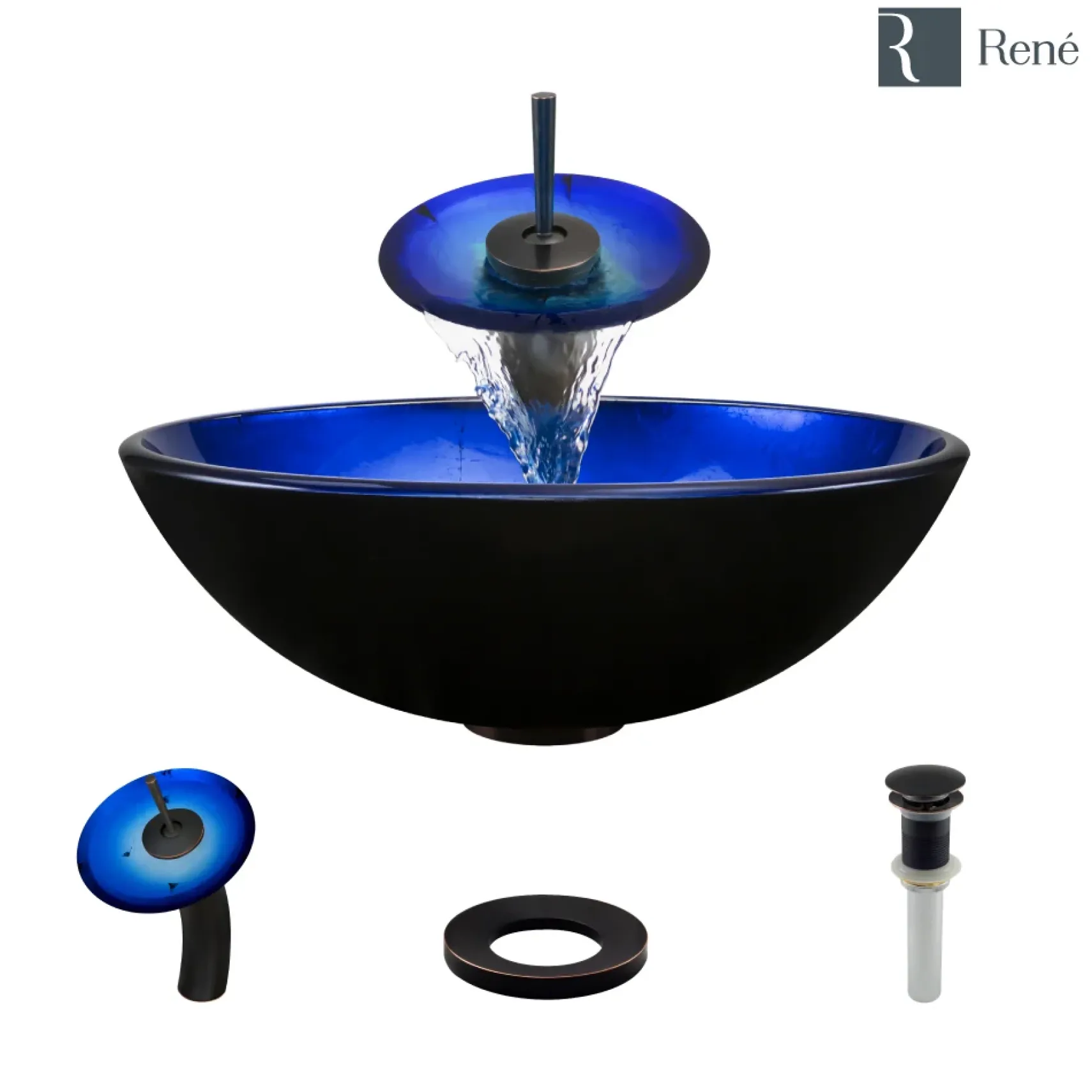 Rene 17" Round Glass Bathroom Sink, Gradient Blue, with Faucet, R5-5008-WF-ABR