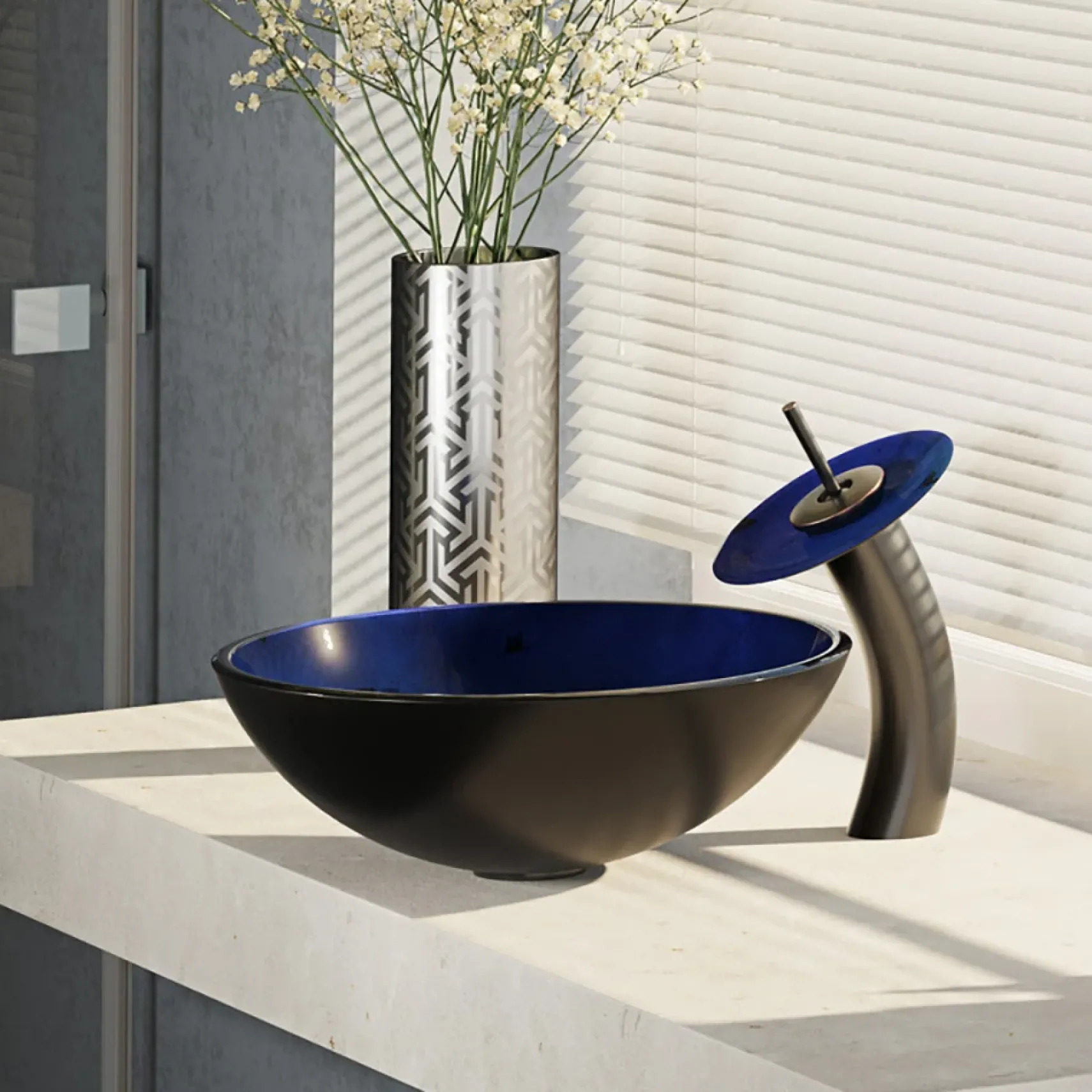Rene 17" Round Glass Bathroom Sink, Gradient Blue, with Faucet, R5-5008-WF-ABR