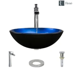 Rene 17" Round Glass Bathroom Sink, Gradient Blue, with Faucet, R5-5008-R9-7007-C