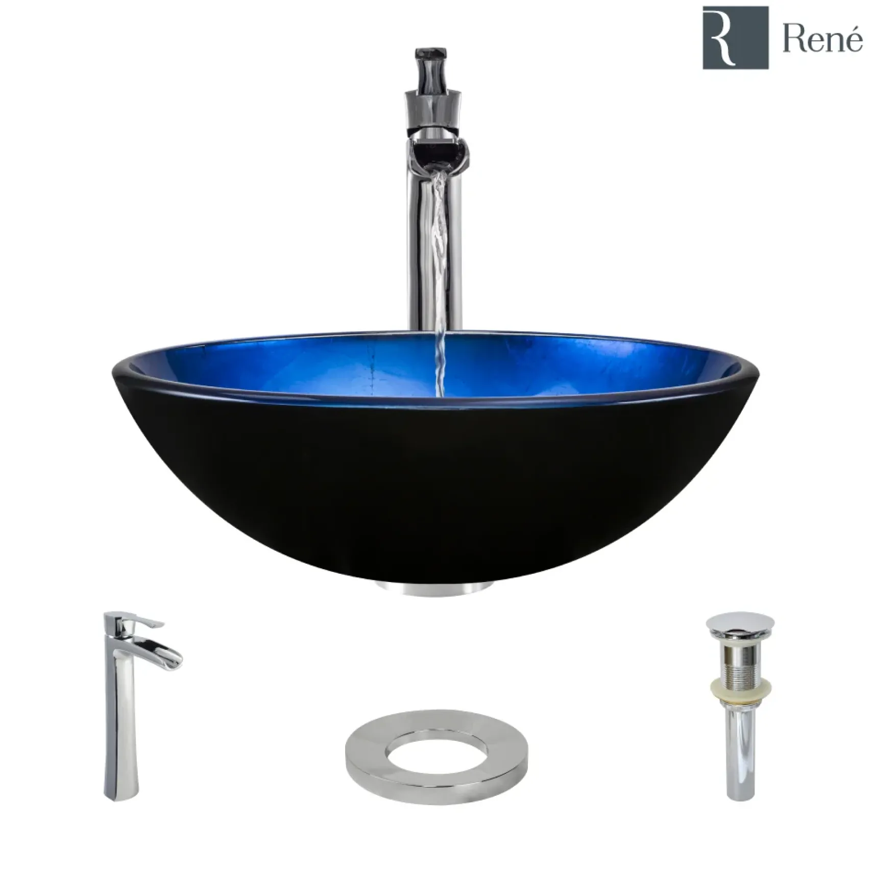 Rene 17" Round Glass Bathroom Sink, Gradient Blue, with Faucet, R5-5008-R9-7007-C