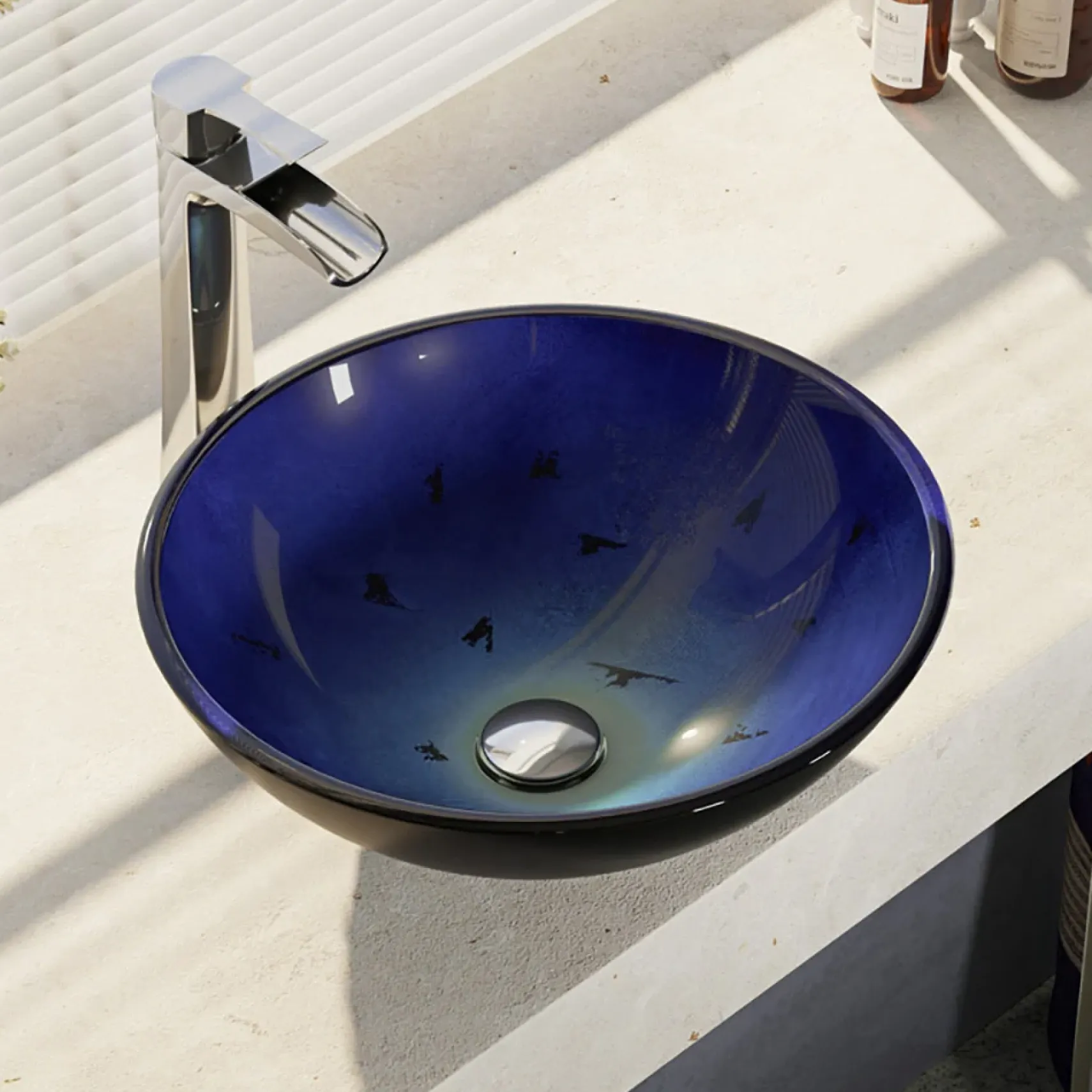 Rene 17" Round Glass Bathroom Sink, Gradient Blue, with Faucet, R5-5008-R9-7007-C