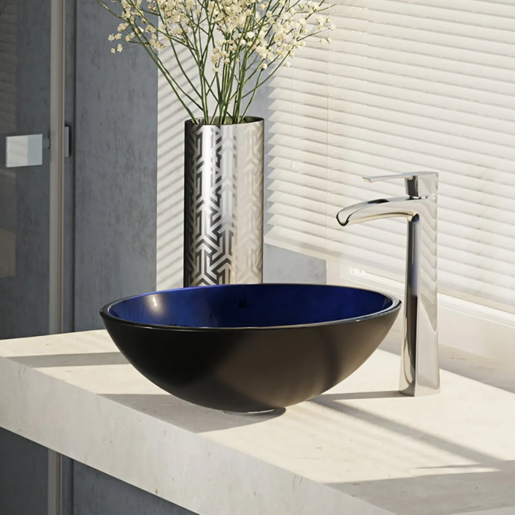 Rene 17" Round Glass Bathroom Sink, Gradient Blue, with Faucet, R5-5008-R9-7007-C