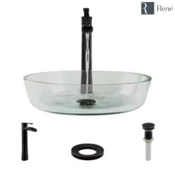 Rene 17" Round Glass Bathroom Sink, Crystal, with Faucet, R5-5024-R9-7007-ABR
